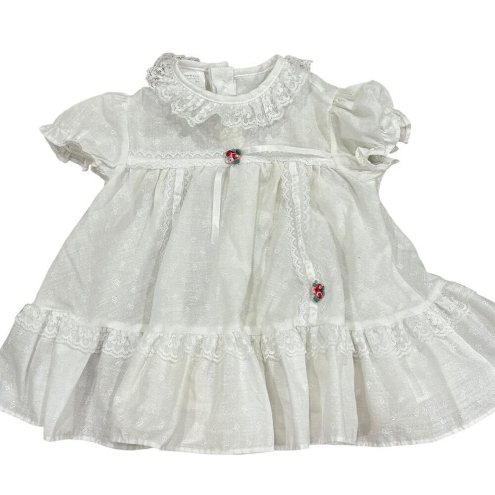 Vintage White Lace Baby Dress With Floral Accents & Ruffled Hem 9 Months
